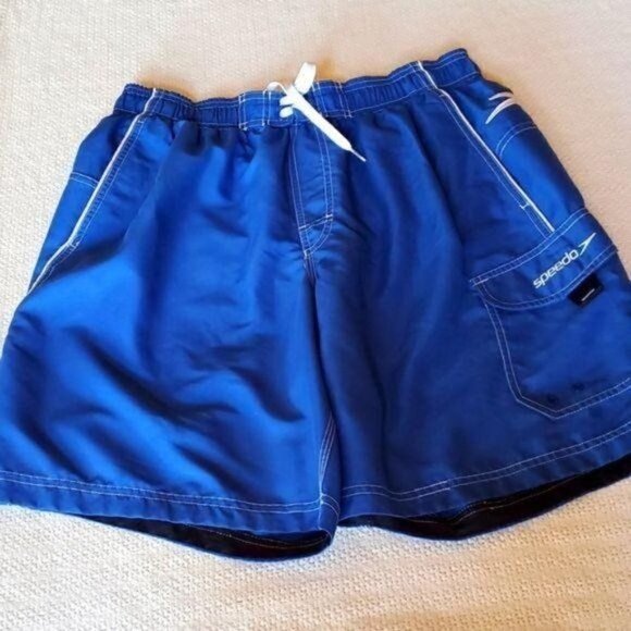 Speedo Embroidered Logo Cinched Blue with Trim Board Sz. L Shorts with Pockets - Picture 1 of 8